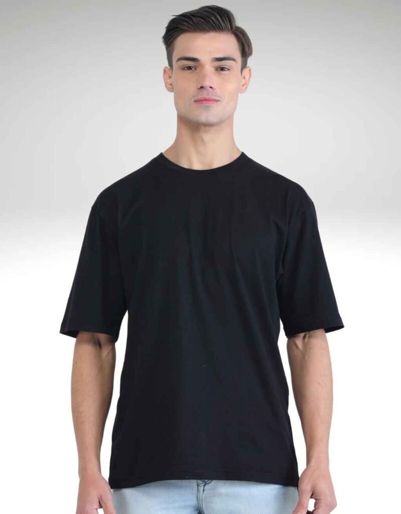 Oversized Men Solid Round Neck Pure Cotton Black T-Shirt