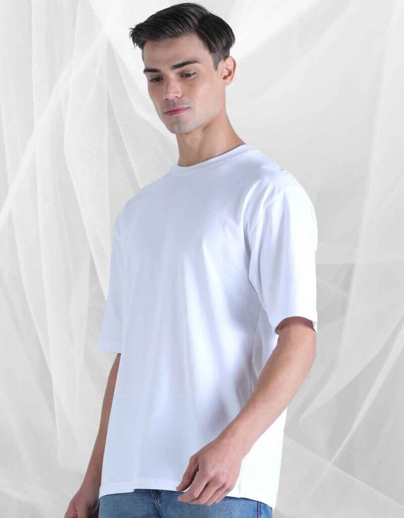 Oversized Men Solid Round Neck Pure Cotton White T-Shirt