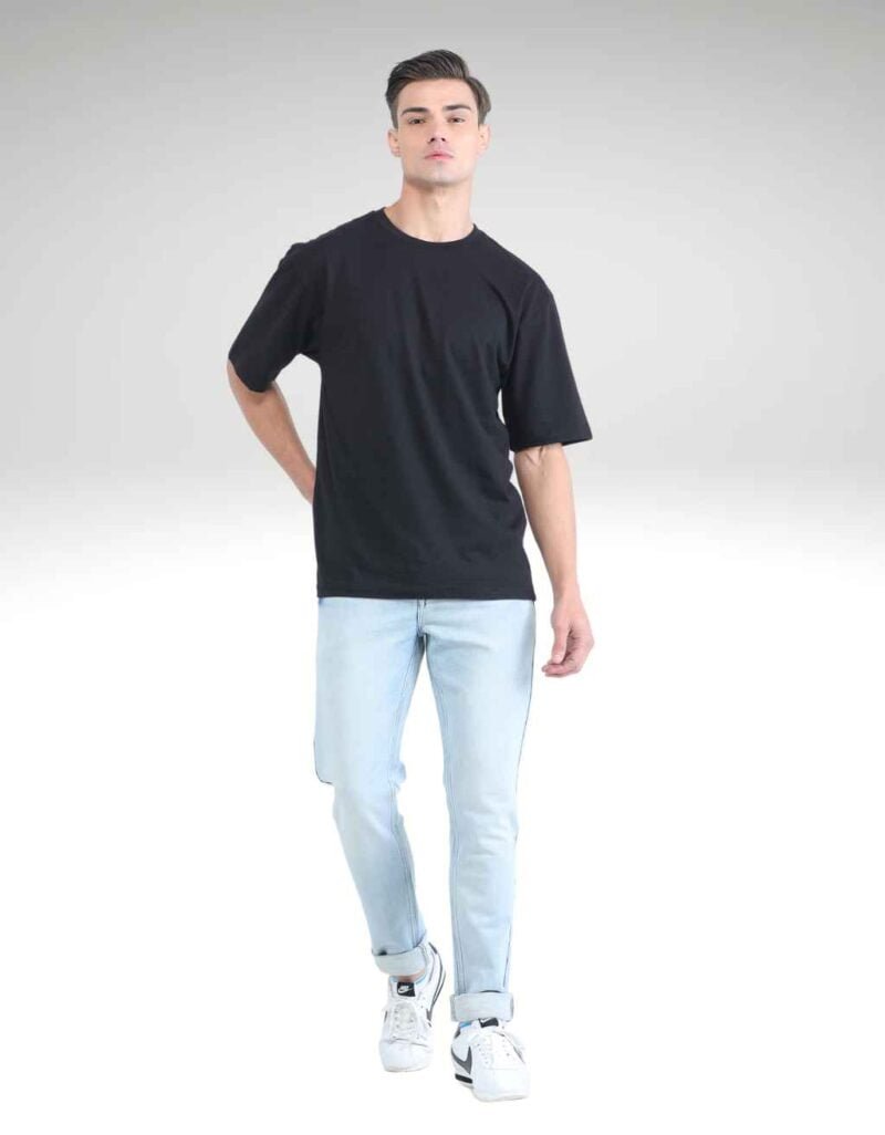 Oversized Men Solid Round Neck Pure Cotton Black T-Shirt - Image 5