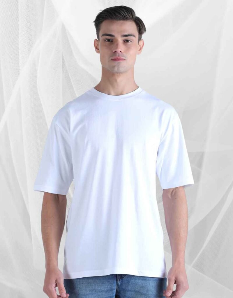 Oversized Men Solid Round Neck Pure Cotton White T-Shirt - Image 2